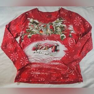 Holiday Editions Womens Holiday Red Long Sleeve Crewneck PulloverTop Size Medium